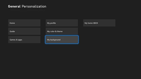 A screenshot of the XBOX settings menu, on the Personalization page. The button labeled 'My background' is highlighted.