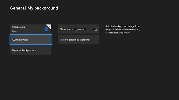 A screenshot of the XBOX settings menu, on the My background page. The button labeled 'Custom image' is highlighted.