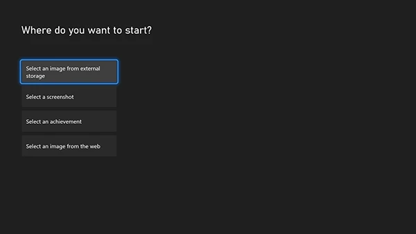 A screenshot of the XBOX settings menu, with a question at the top asking 'Where do you want to start?' A button labeled 'Select an image from external storage' is highlighted.
